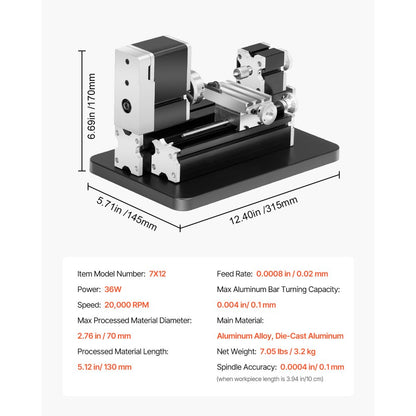 7X12 - Compact All-Metal Lathe Machine, 20,000 RPM Cutting Speed