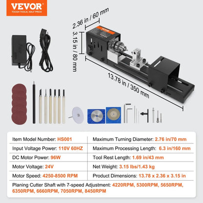 HS001 - Compact VEVOR Mini Lathe Machine, 2.76" x 6.3", 96W Power