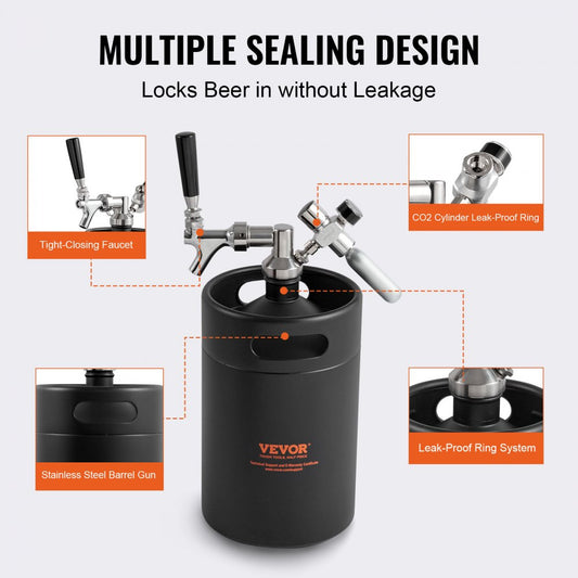 KIT BEER-12 5L-2B - 5L Stainless Steel Beer Growler with CO2 Regulator