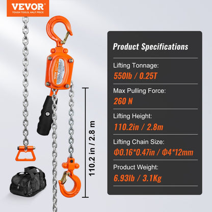 010754386688 - 10FT VEVOR Chain Hoist, 550 lbs Capacity, Lightweight & Durable