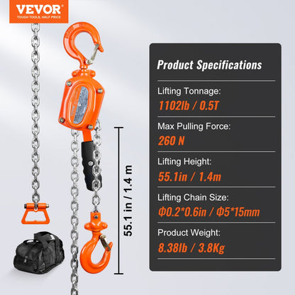 010746361219 - 1/2 Ton VEVOR Lever Chain Hoist for Heavy Lifting