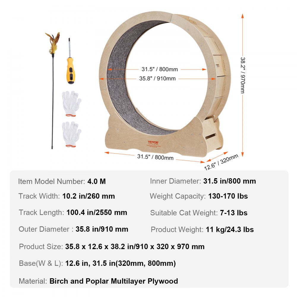 4.0 M - Large Wooden Cat Exercise Wheel with Silent Design & Easy Assembly