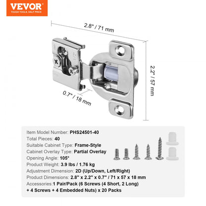 PHS24501-40 - Premium Stainless Steel Cabinet Door Hinges with 105° Angle
