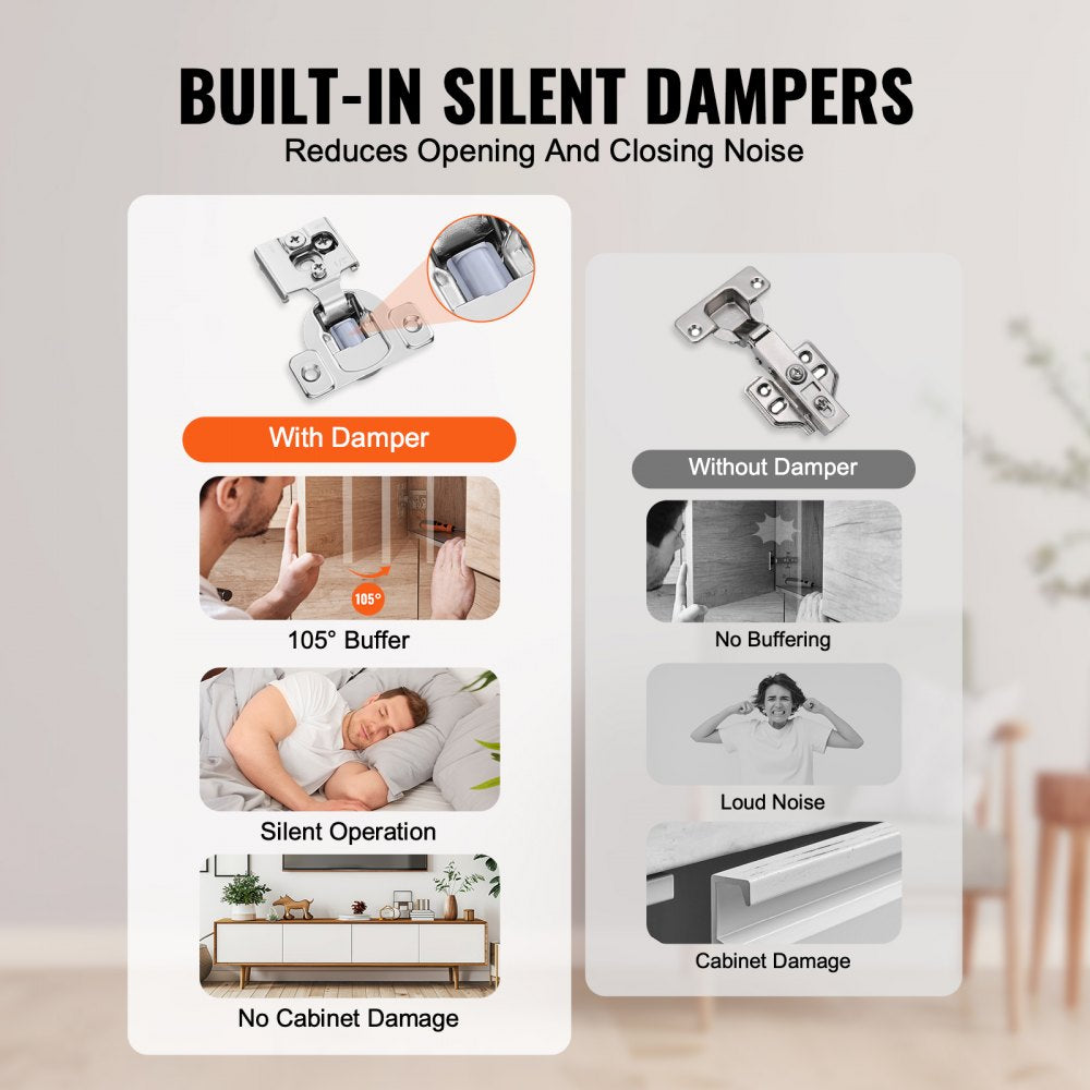 PHS25201-60 - Silent Damper Stainless Steel Hinges for Cabinets, 60-Pack