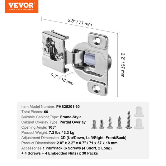 PHS25201-60 - Silent Damper Stainless Steel Hinges for Cabinets, 60-Pack