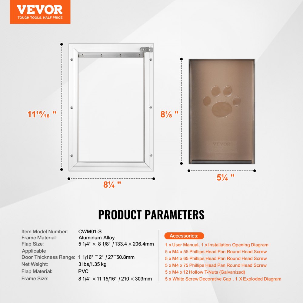 CWM01-S - Durable Aluminum Pet Door for 1.06-2" Thick Doors