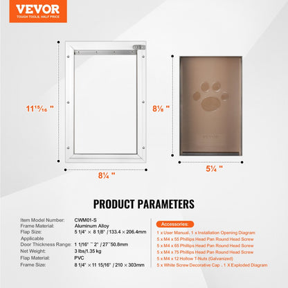 CWM01-S - Durable Aluminum Pet Door for 1.06-2" Thick Doors