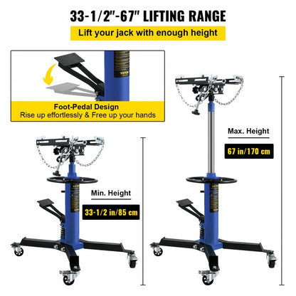 1100BLUEJACK - 1100 lbs Adjustable Hydraulic Transmission Jack, Extends 33.5" to 67"