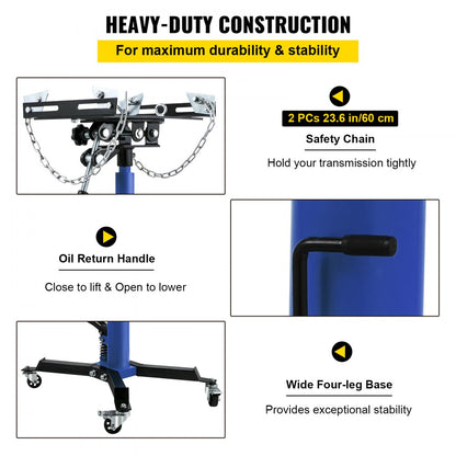 1100BLUEJACK - 1100 lbs Adjustable Hydraulic Transmission Jack, Extends 33.5" to 67"