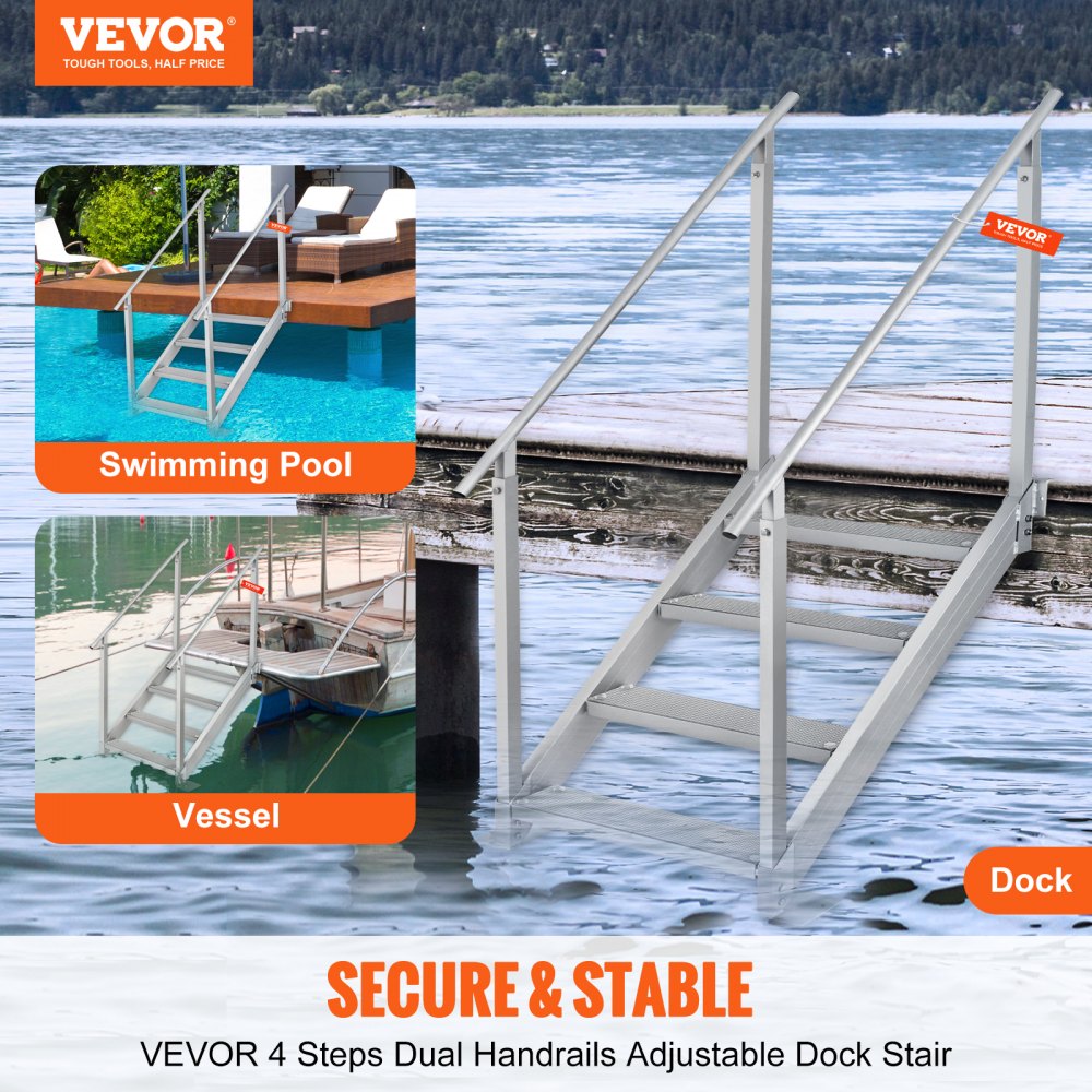 010471589629 - 4-Step Adjustable Dock Ladder with Dual Handrails, 30-38" Height
