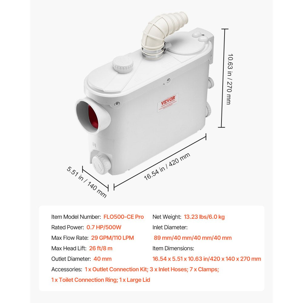 FLO500-CE Pro - Powerful 500W Macerator Pump, 29 GPM, 26 ft Lift