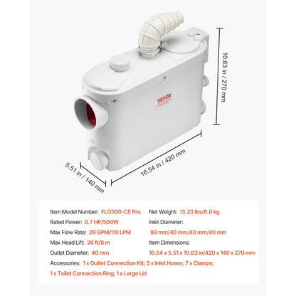 FLO500-CE Pro - Powerful 500W Macerator Pump, 29 GPM, 26 ft Lift