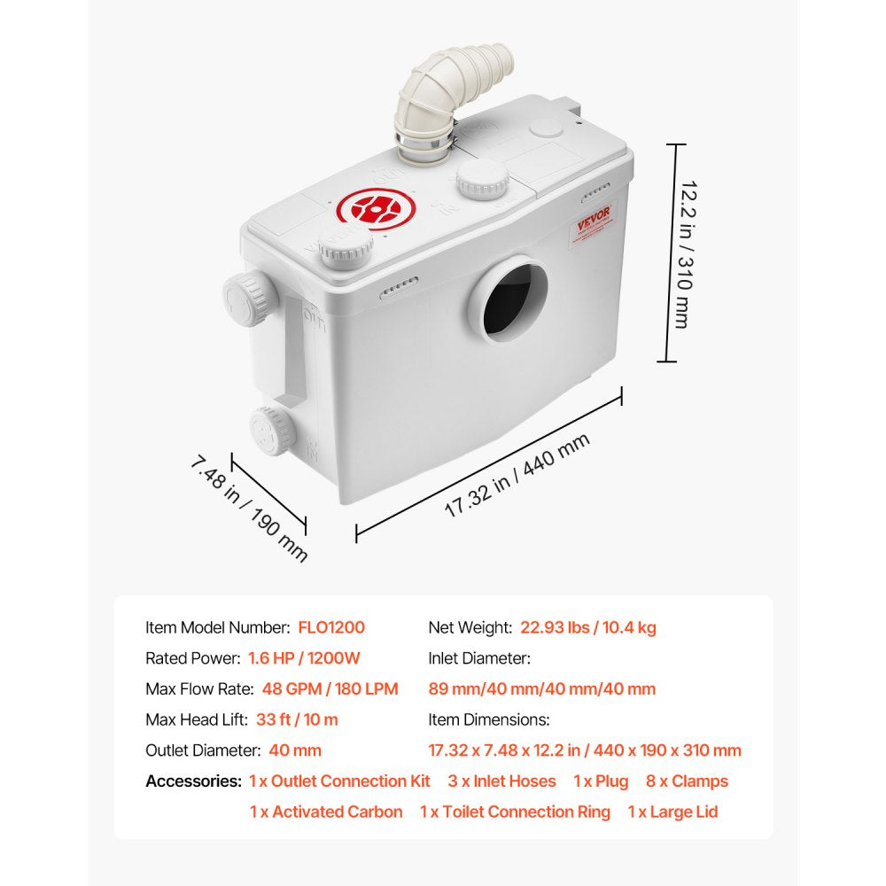 FLO1200 - 1200W Macerator Pump, 48 GPM, 33 ft Lift Capability