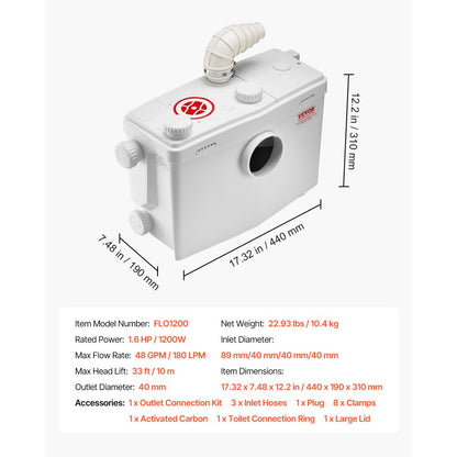 FLO1200 - 1200W Macerator Pump, 48 GPM, 33 ft Lift Capability