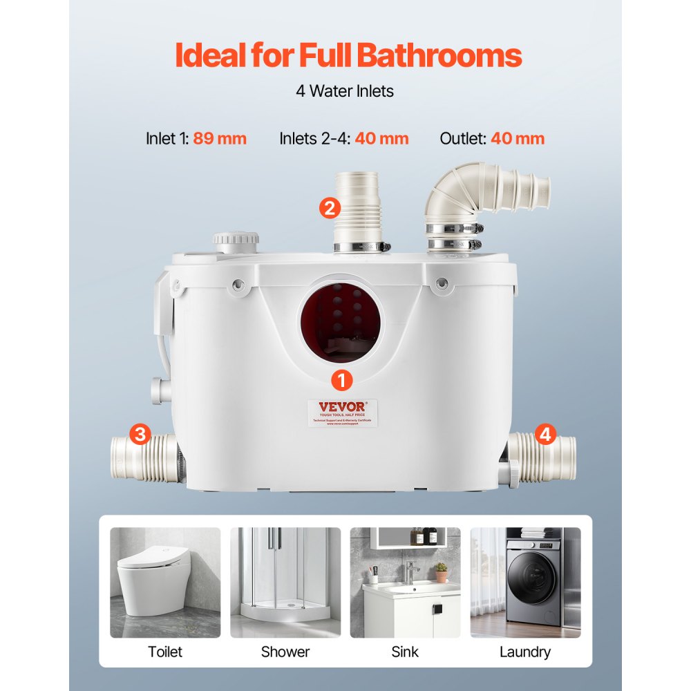FLO500-BE - 500W Macerator Pump, 29 GPM, 26 ft Lift for Wastewater