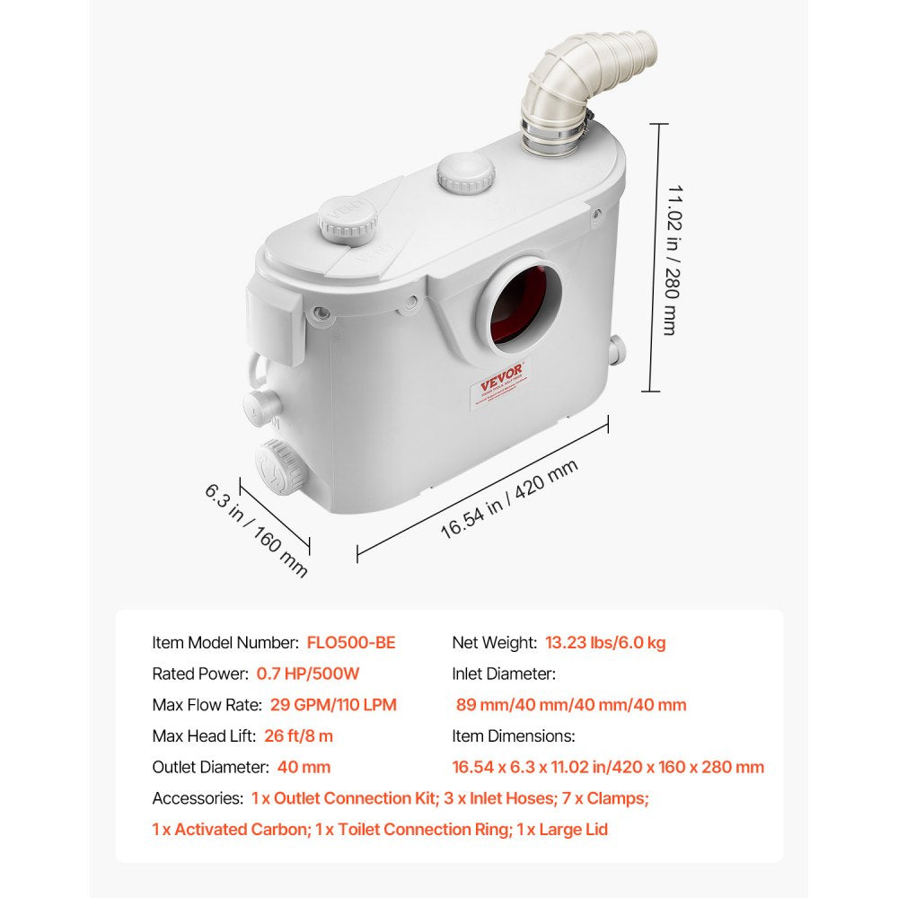 FLO500-BE - 500W Macerator Pump, 29 GPM, 26 ft Lift for Wastewater