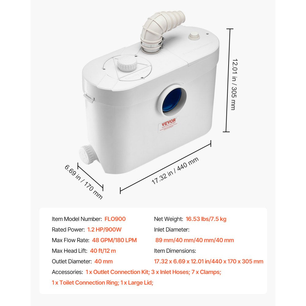 FLO900 - 900W Macerator Pump, 40ft Lift Capacity for Waste Management