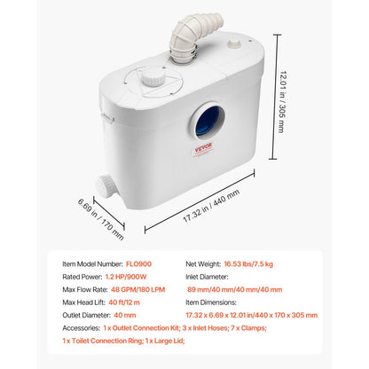 FLO900 - 900W Macerator Pump, 40ft Lift Capacity for Waste Management