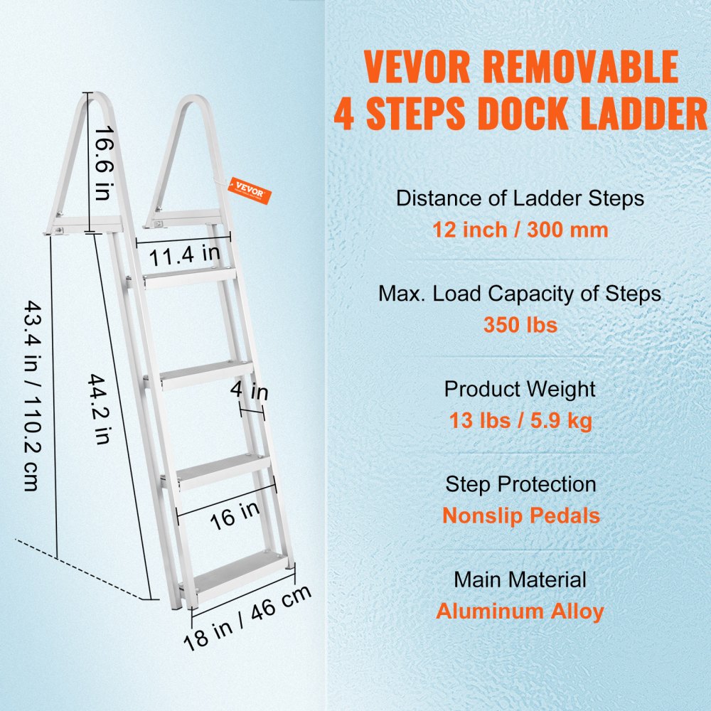 010236070775 - 4-Step Aluminum Dock Ladder, 350 lbs Capacity, Removable Design