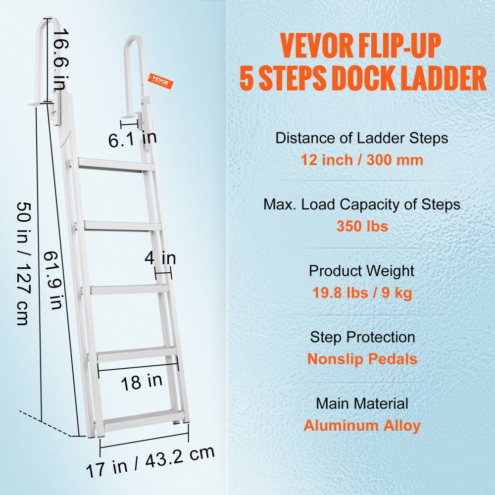 010763280022 - Aluminum 5-Step Dock Ladder, 350 lbs Load Capacity