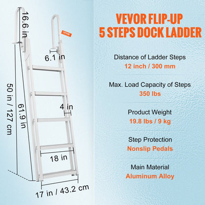 010763280022 - Aluminum 5-Step Dock Ladder, 350 lbs Load Capacity