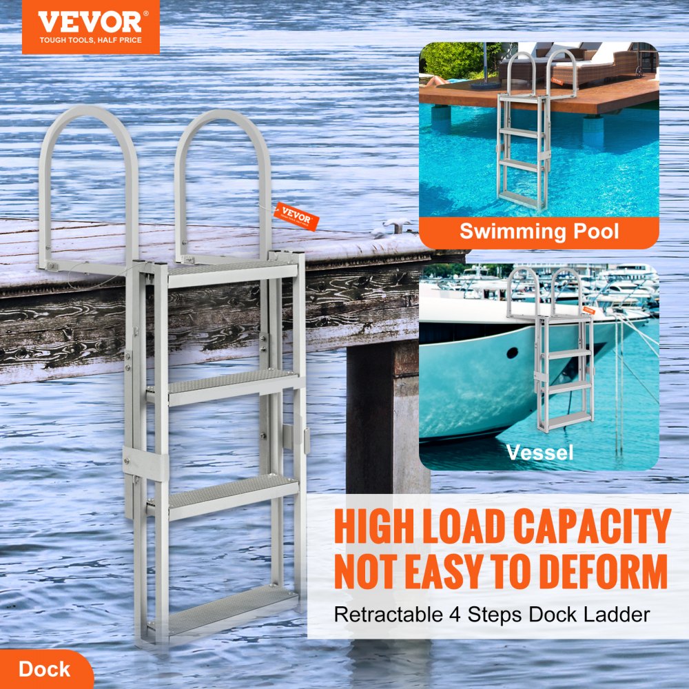 010453898902 - VEVOR 4-Step Retractable Aluminum Dock Ladder, 36-48 Inch Adjustable