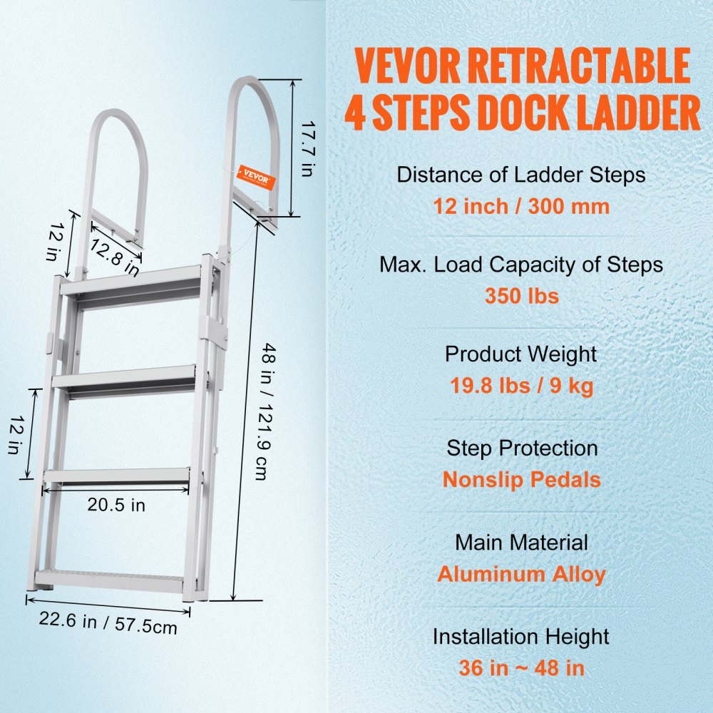 010453898902 - VEVOR 4-Step Retractable Aluminum Dock Ladder, 36-48 Inch Adjustable