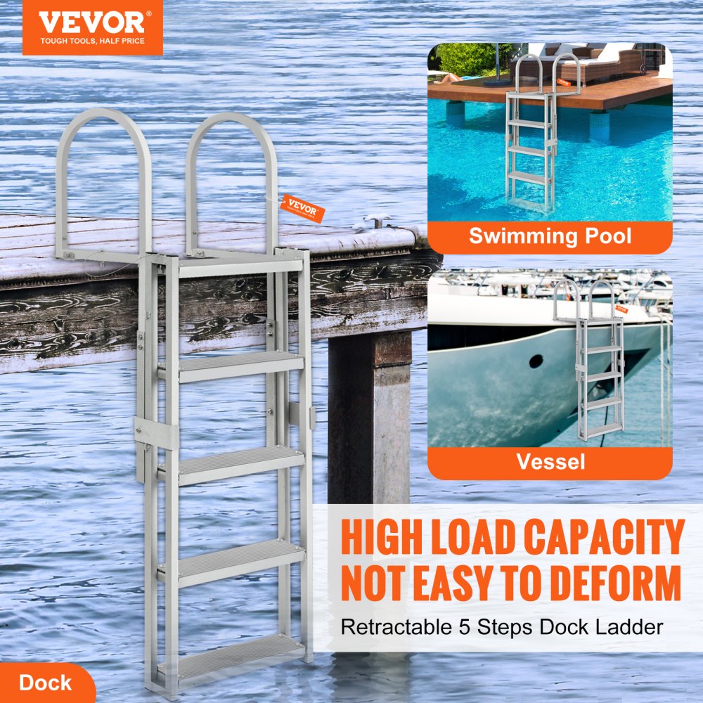 010760662237 - 5-Step Adjustable Dock Ladder: 66.9"-78.9" Aluminum, Non-Slip Steps