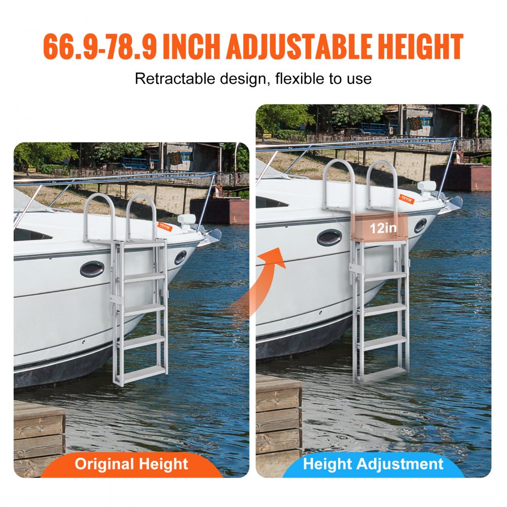 010760662237 - 5-Step Adjustable Dock Ladder: 66.9"-78.9" Aluminum, Non-Slip Steps