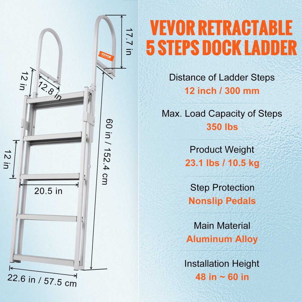 010760662237 - 5-Step Adjustable Dock Ladder: 66.9"-78.9" Aluminum, Non-Slip Steps