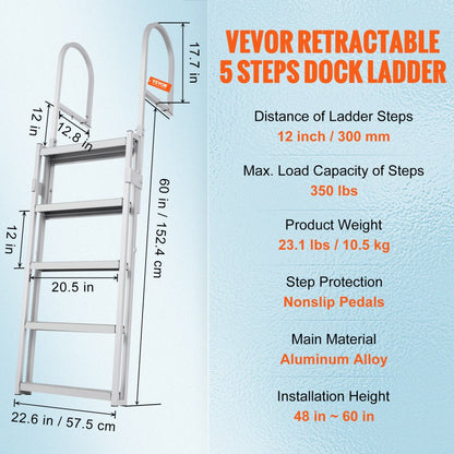 010760662237 - 5-Step Adjustable Dock Ladder: 66.9"-78.9" Aluminum, Non-Slip Steps