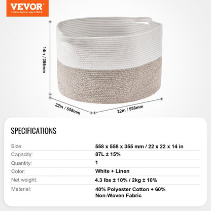 AB-019 - 22x22 Cotton Rope Basket for Easy Organization and Carrying