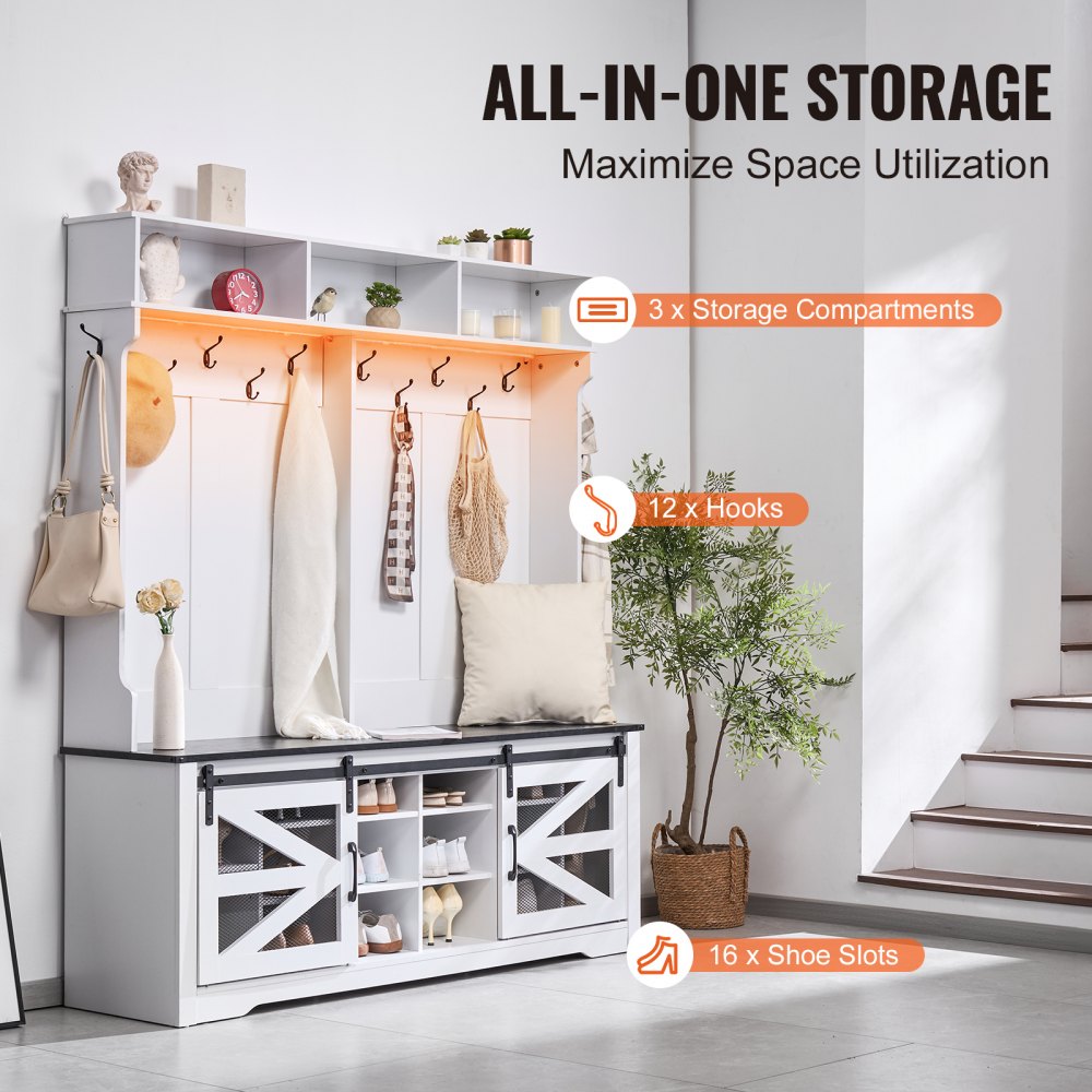 VVSC001 - White Hall Tree Bench with USB Light & Adjustable Hooks