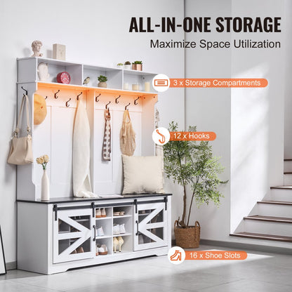 VVSC001 - White Hall Tree Bench with USB Light & Adjustable Hooks