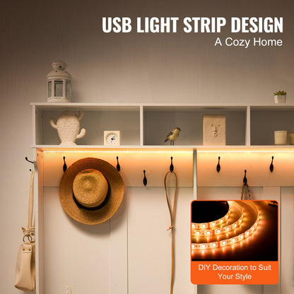 VVSC001 - White Hall Tree Bench with USB Light & Adjustable Hooks