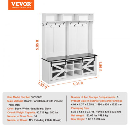 VVSC001 - White Hall Tree Bench with USB Light & Adjustable Hooks