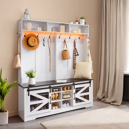 VVSC001 - White Hall Tree Bench with USB Light & Adjustable Hooks