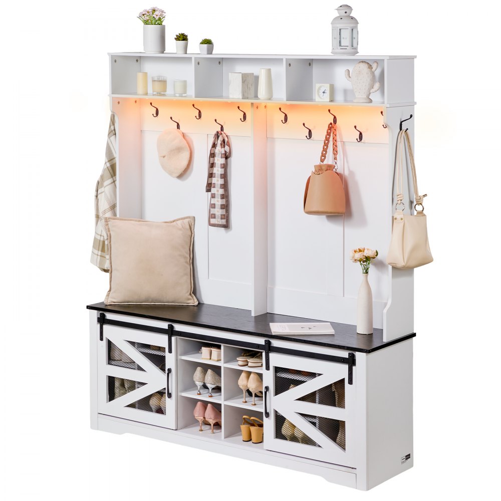 VVSC001 - White Hall Tree Bench with USB Light & Adjustable Hooks