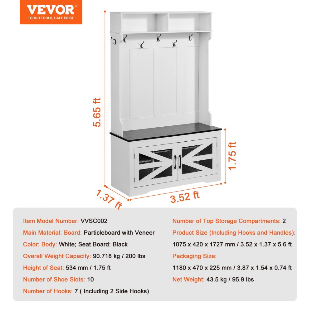 VVSC002 - Versatile 42" White Hall Tree with USB Light and Shoe Storage