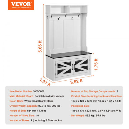 VVSC002 - Versatile 42" White Hall Tree with USB Light and Shoe Storage