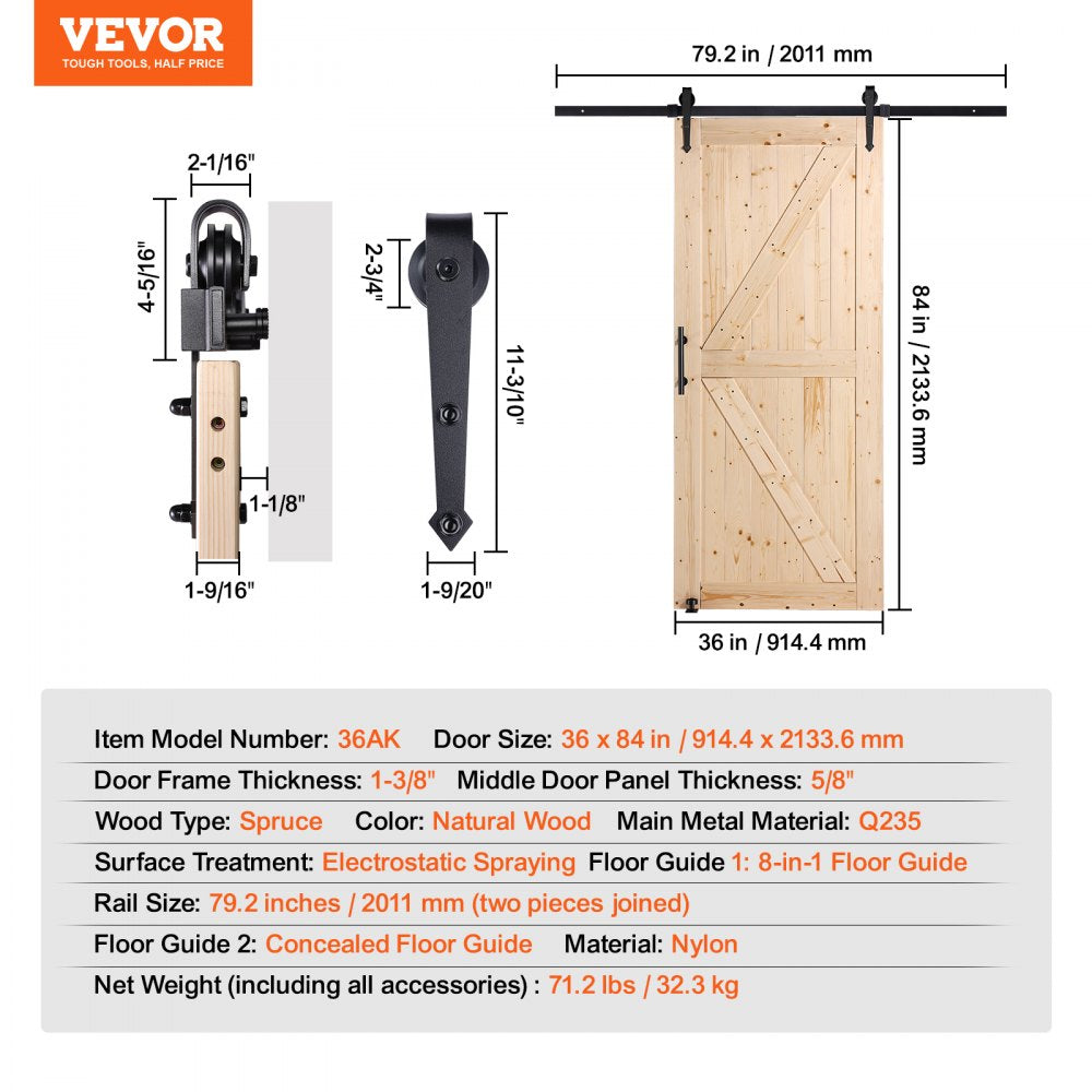 36AK - 36" x 84" Spruce Barn Door Kit with Smooth Sliding Mechanism