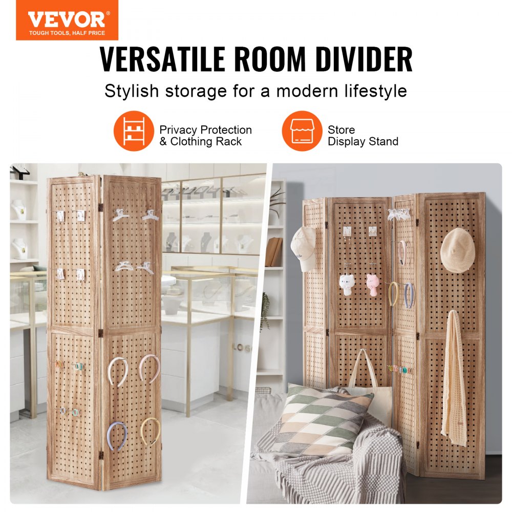 SS-005-4P-NA - 66.9" Paulownia Wood Room Divider with Pegboard Design