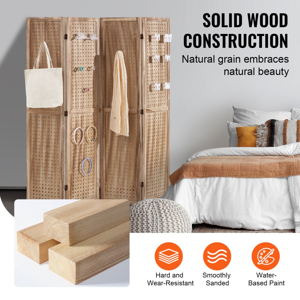 SS-005-4P-NA - 66.9" Paulownia Wood Room Divider with Pegboard Design