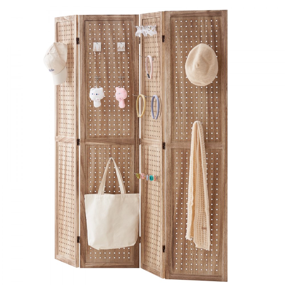 SS-005-4P-NA - 66.9" Paulownia Wood Room Divider with Pegboard Design