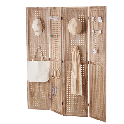 SS-005-4P-NA - 66.9" Paulownia Wood Room Divider with Pegboard Design