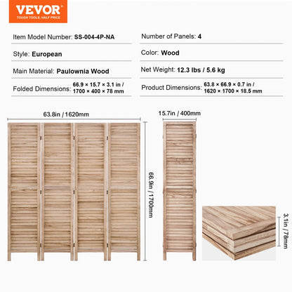 SS-004-4P-NA - 66.9 in Minimalist Wood Room Divider with 360° Panels
