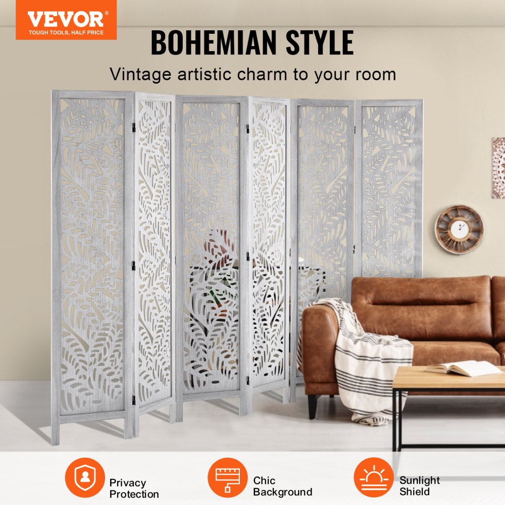 SS-007-6P-WH - 66.9" VEVOR 6-Panel Wood Folding Room Divider