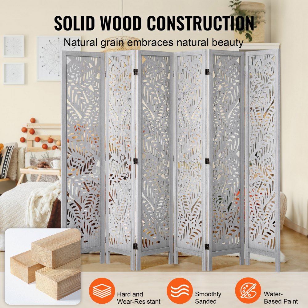 SS-007-6P-WH - 66.9" VEVOR 6-Panel Wood Folding Room Divider