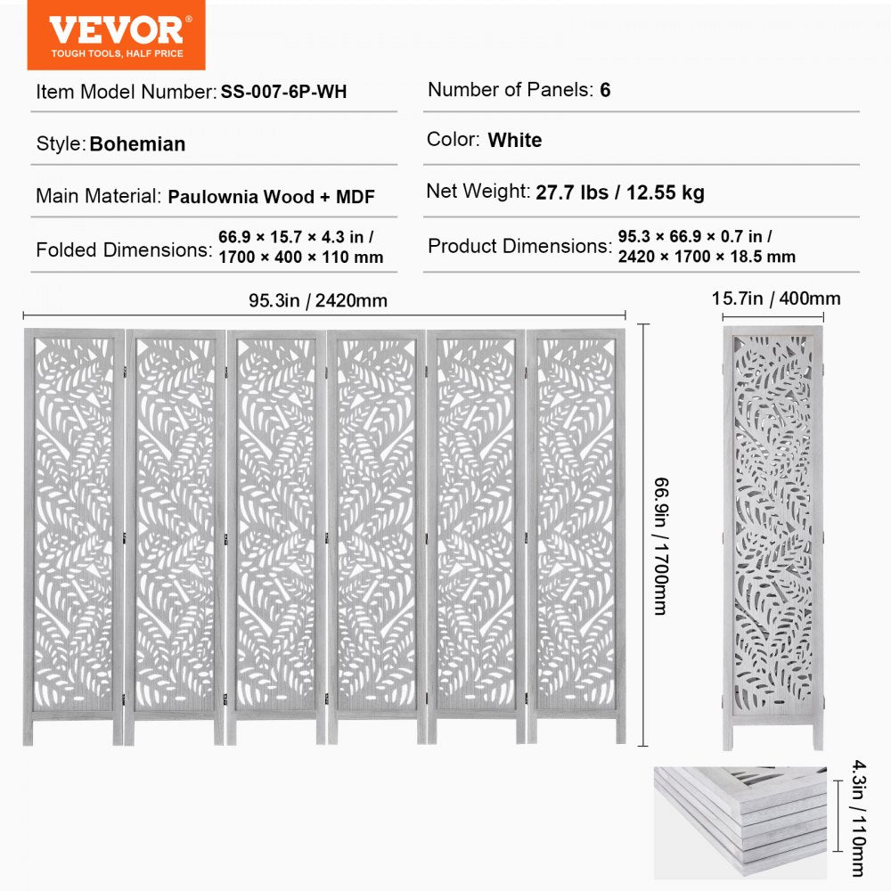 SS-007-6P-WH - 66.9" VEVOR 6-Panel Wood Folding Room Divider