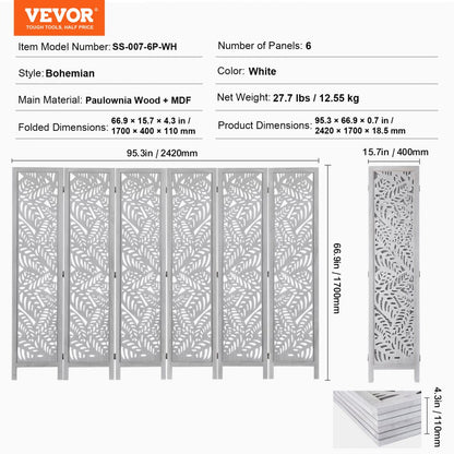 SS-007-6P-WH - 66.9" VEVOR 6-Panel Wood Folding Room Divider